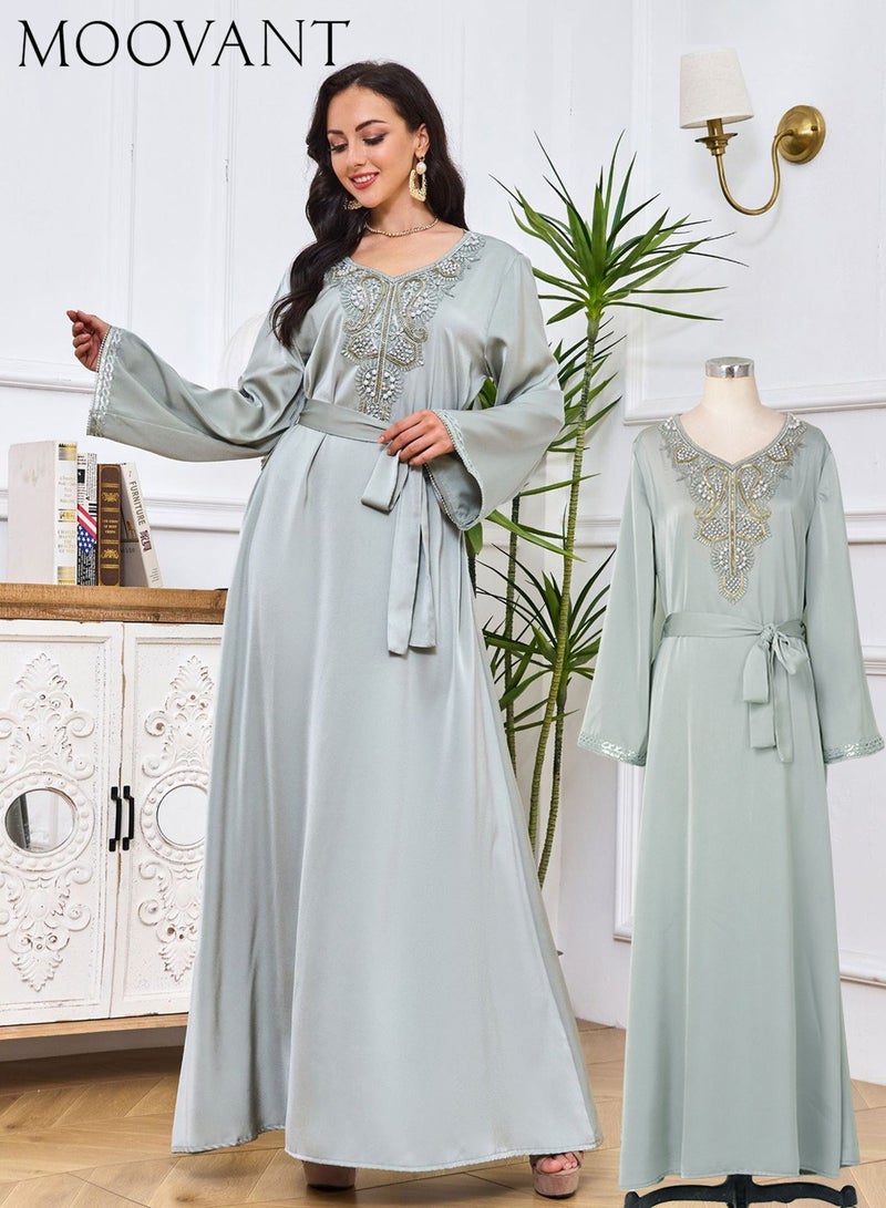 Moovant Women Abaya Dress Muslim Lightweight Casual Dress for Women Pearlet Studded Webbing Loose Maxi Long SkirtModern Stylish Abaya Middle East Saudi Arabic Banquet Wedding Party Dress  - Image 1