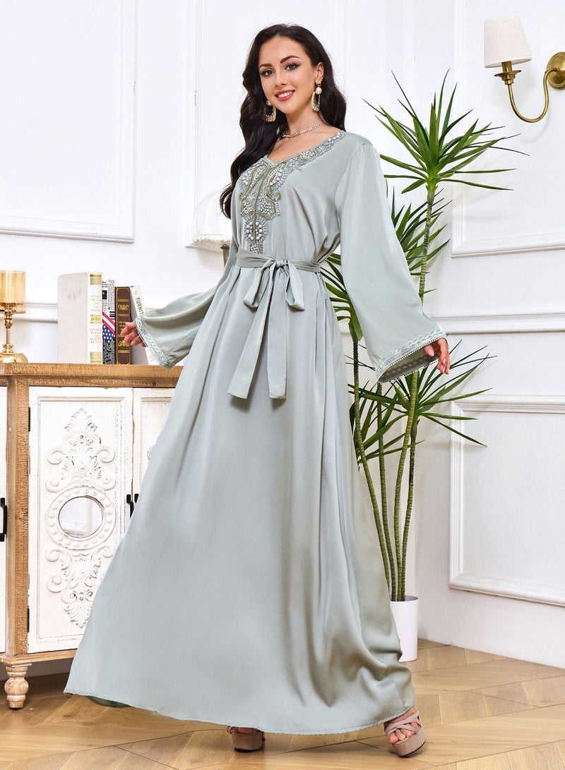 Moovant Women Abaya Dress Muslim Lightweight Casual Dress for Women Pearlet Studded Webbing Loose Maxi Long SkirtModern Stylish Abaya Middle East Saudi Arabic Banquet Wedding Party Dress  - Image 2