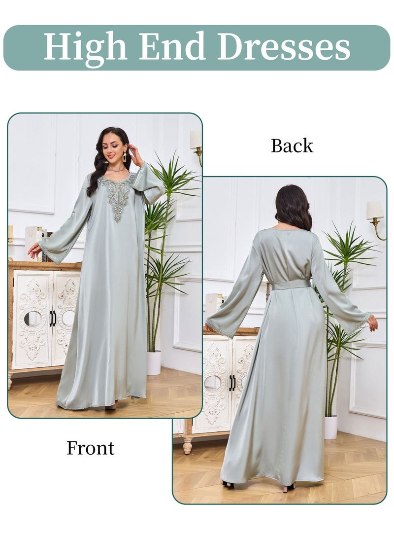 Moovant Women Abaya Dress Muslim Lightweight Casual Dress for Women Pearlet Studded Webbing Loose Maxi Long SkirtModern Stylish Abaya Middle East Saudi Arabic Banquet Wedding Party Dress  - Image 4
