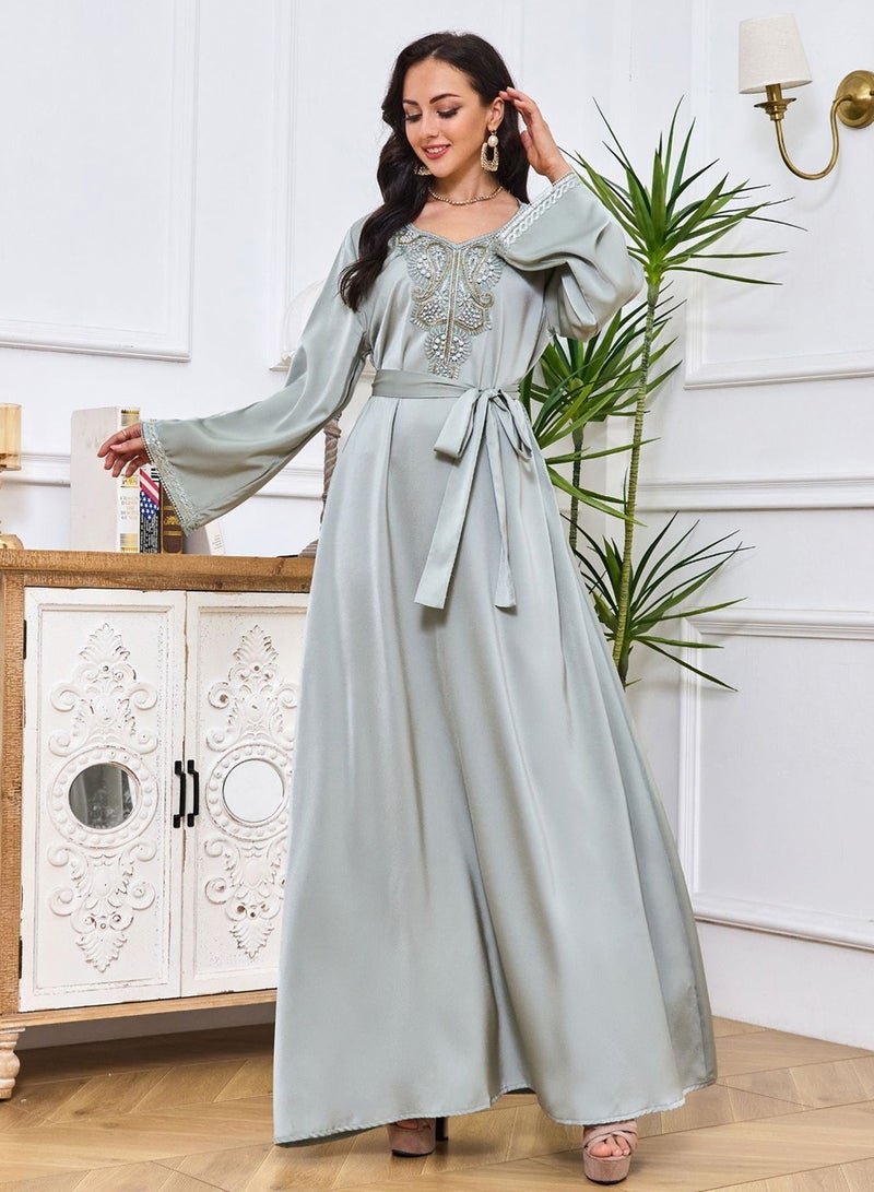 Moovant Women Abaya Dress Muslim Lightweight Casual Dress for Women Pearlet Studded Webbing Loose Maxi Long SkirtModern Stylish Abaya Middle East Saudi Arabic Banquet Wedding Party Dress  - Image 3