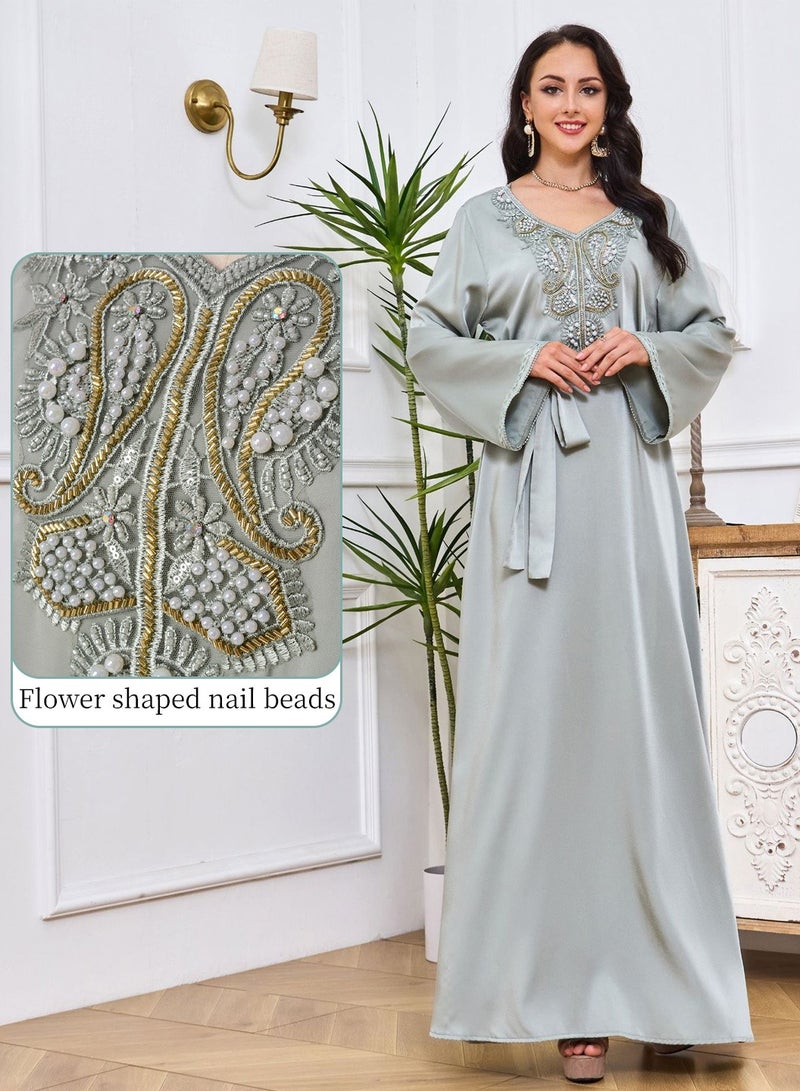 Moovant Women Abaya Dress Muslim Lightweight Casual Dress for Women Pearlet Studded Webbing Loose Maxi Long SkirtModern Stylish Abaya Middle East Saudi Arabic Banquet Wedding Party Dress  - Image 5