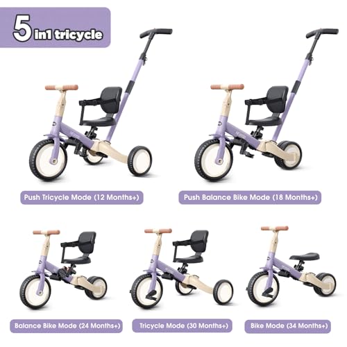 newyoo Toddler Tricycle with Push Handle for 13 Year Old Toddler Bike Birthday Toy for Boys and Girls 5 in 1 Kids Trike Balance Bike with Backrest and Safety Belt Purple TR007 - Image 5
