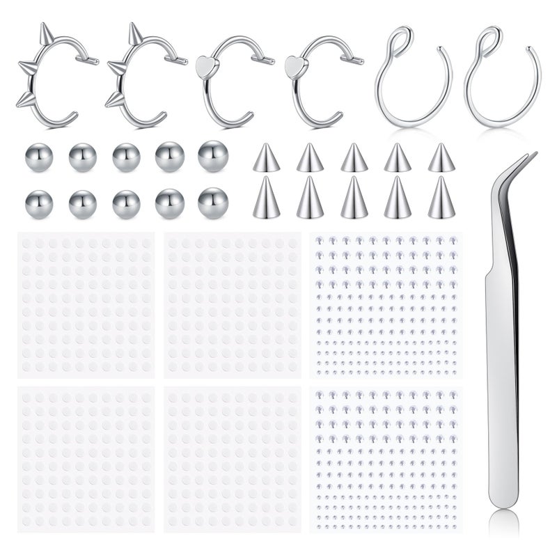 Longita Fake Lip Ring Fake Lip Piercing Fake Piercings Ball Spike Fake Nose Ring Hoop Fake Face Piercing Fake Nose Stud Stick on Fake Bridge Eyebrow Piercing Fake Eyebrow Ring Fake Face Jewelry Silver - Image 1