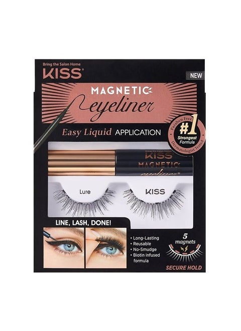 Magnetic Eyeliner & Lash Kit, Lure, 1 Pair of Synthetic False Eyelashes With 5 Double Strength Magnets and Smudge Proof, Biotin Infused Black Magnetic Eyeliner with Precision Tip Brush
