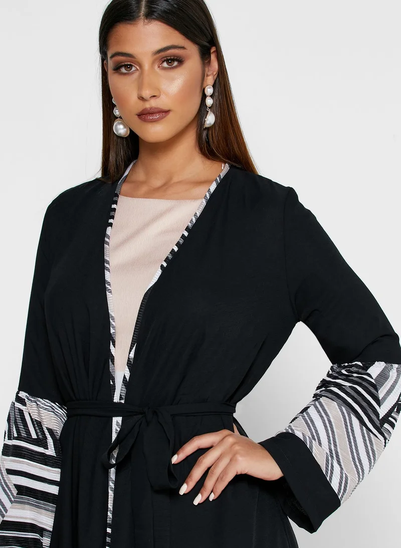 Khizana Printed Ruffle Trim Self Tie Abaya