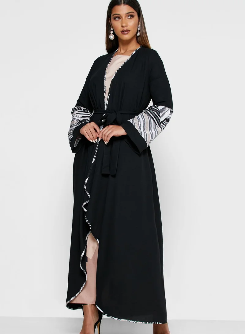 Khizana Printed Ruffle Trim Self Tie Abaya