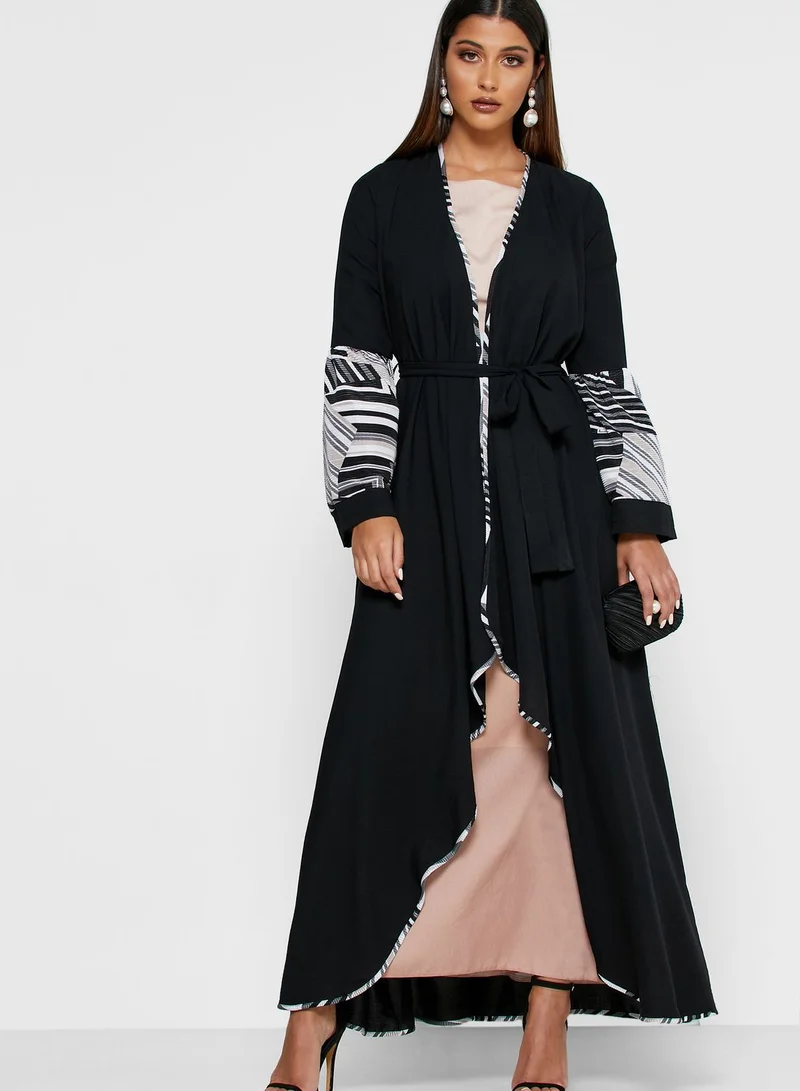 Khizana Printed Ruffle Trim Self Tie Abaya