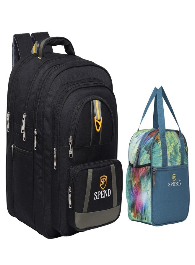 SPEND School Backpack with Lunch Bag Combo | Multipurpose Spacious School Bag for Students | Durable Multi-Compartment Design Lightweight, with High Storage Capacity 5th to 10 class (Black,Sky Blue) - Image 1