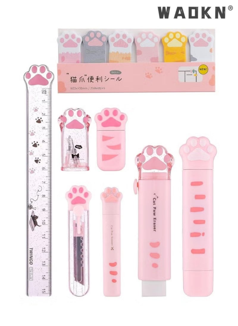 WAOKN 8 Pcs Cute Cat Paw Stationery Set Kawaii School Supplies Including Pencil Sharpener Retractable Eraser Correction Tape Sticky Notes Ruler Mini Scissors Utility Knife for Cat Lovers Students (Pink - Image 1