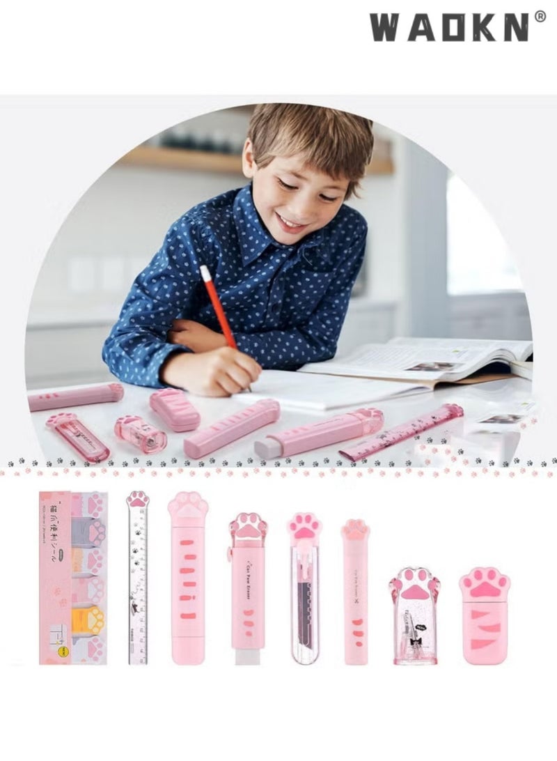 WAOKN 8 Pcs Cute Cat Paw Stationery Set Kawaii School Supplies Including Pencil Sharpener Retractable Eraser Correction Tape Sticky Notes Ruler Mini Scissors Utility Knife for Cat Lovers Students (Pink - Image 5