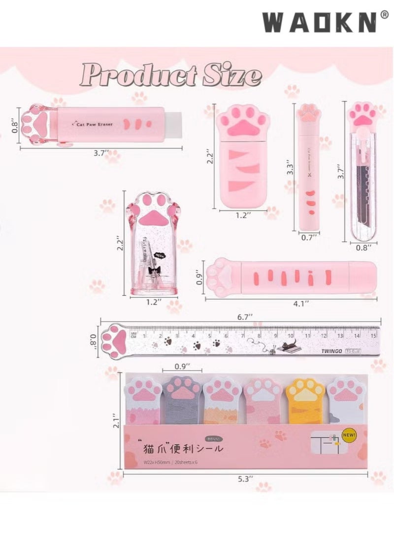 WAOKN 8 Pcs Cute Cat Paw Stationery Set Kawaii School Supplies Including Pencil Sharpener Retractable Eraser Correction Tape Sticky Notes Ruler Mini Scissors Utility Knife for Cat Lovers Students (Pink - Image 2