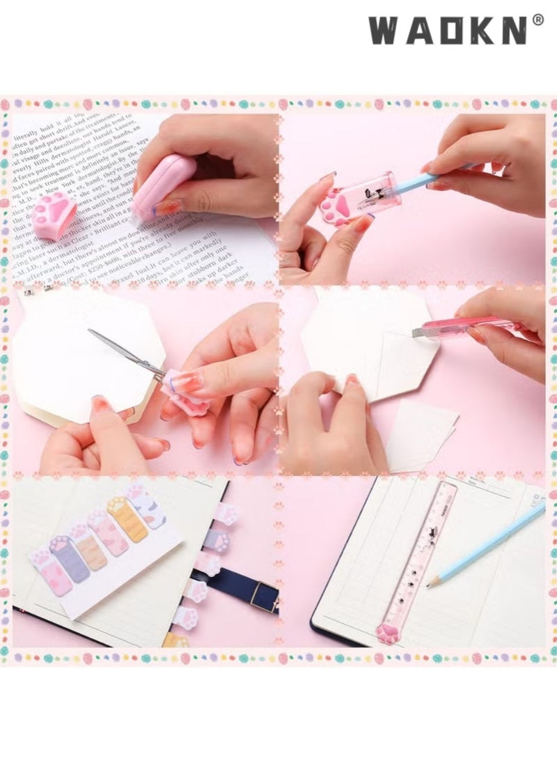 WAOKN 8 Pcs Cute Cat Paw Stationery Set Kawaii School Supplies Including Pencil Sharpener Retractable Eraser Correction Tape Sticky Notes Ruler Mini Scissors Utility Knife for Cat Lovers Students (Pink - Image 4