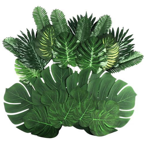 Ledoira 84 Pieces 8 Kinds Artificial Tropical Palm Leaves Safari Jungle Leaves with Stems Leaf Decorations for Hawaiian Luau Party Beach Baby Shower Birthday Theme Table Wedding Decorations - Image 1