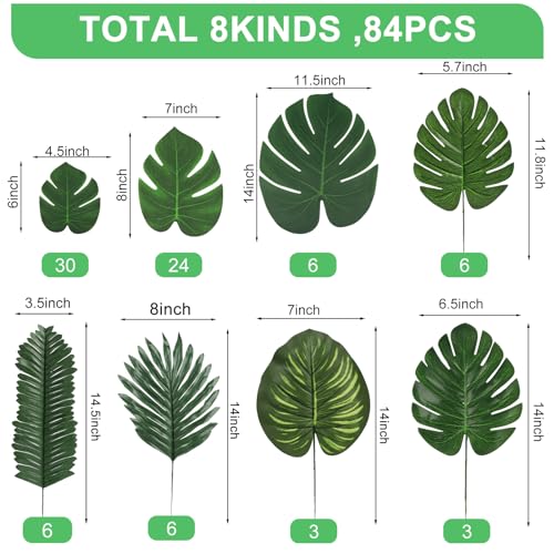 Ledoira 84 Pieces 8 Kinds Artificial Tropical Palm Leaves Safari Jungle Leaves with Stems Leaf Decorations for Hawaiian Luau Party Beach Baby Shower Birthday Theme Table Wedding Decorations - Image 2