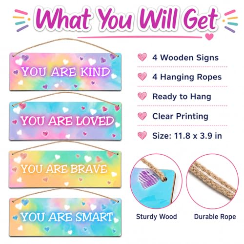 ISOVF 4 Pieces Tie Dye Kids Room Wall Decor Wooden Signs, Motivational Wall Art for Girls Bedroom, Nursery, Playroom, Classroom Decor, You Are Loved Brave Kind Smart(Sign-04) - Image 3