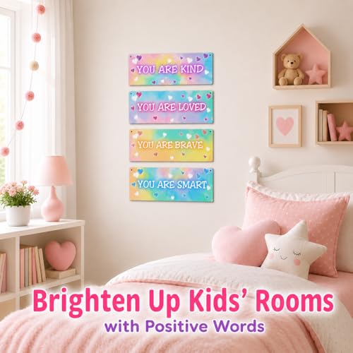 ISOVF 4 Pieces Tie Dye Kids Room Wall Decor Wooden Signs, Motivational Wall Art for Girls Bedroom, Nursery, Playroom, Classroom Decor, You Are Loved Brave Kind Smart(Sign-04) - Image 5
