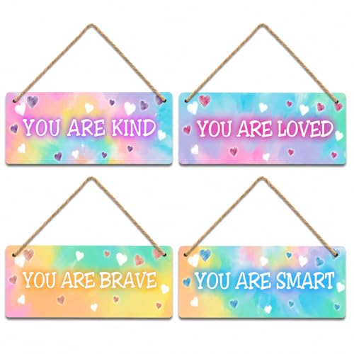 ISOVF 4 Pieces Tie Dye Kids Room Wall Decor Wooden Signs, Motivational Wall Art for Girls Bedroom, Nursery, Playroom, Classroom Decor, You Are Loved Brave Kind Smart(Sign-04) - Image 1