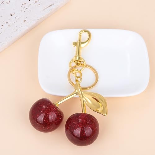 SORGERLY Red Cherry Bag Charm Keychain - Cute Purse Handbag Fruit Accessories - Beautiful Birthday Gift for Women (Red&Gold) - Image 4