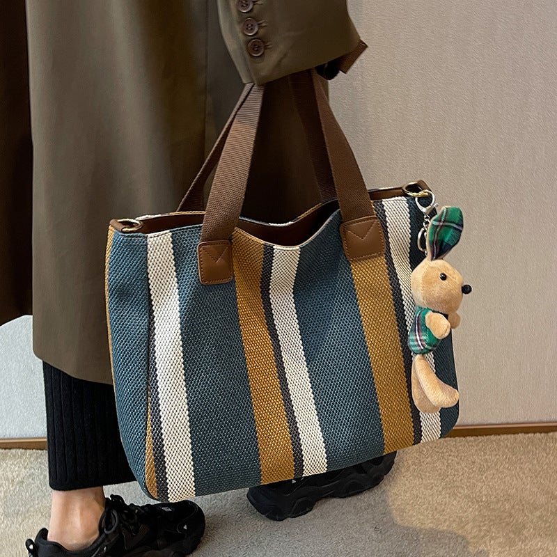 Large Women'S Bag 2026 New Fashion Striped Canvas Bag Commuter Tote Bag Trendy Shoulder Crossbody Mommy Bag - Image 2