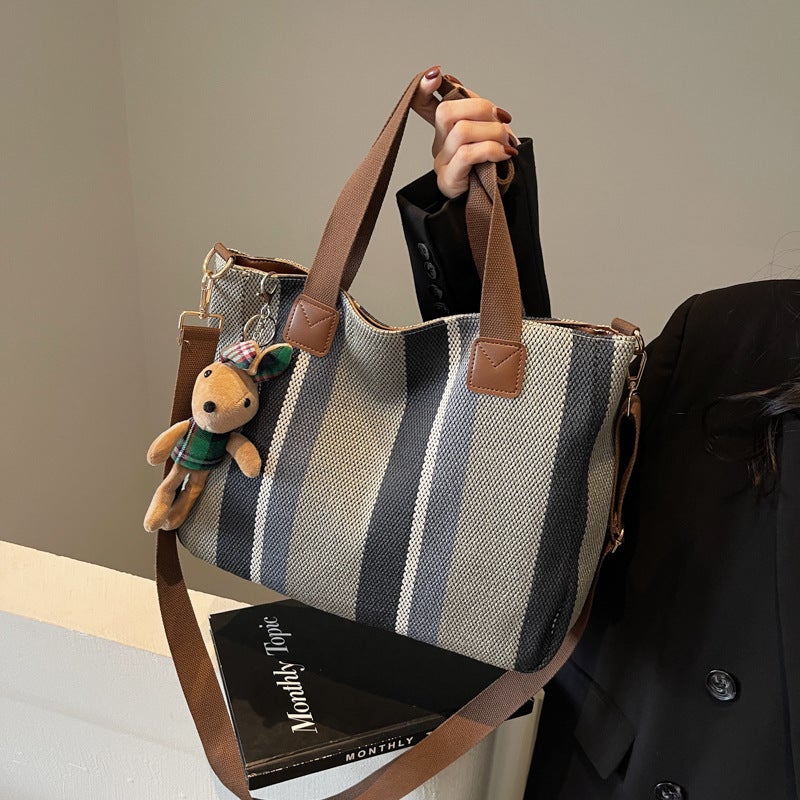 Large Women'S Bag 2026 New Fashion Striped Canvas Bag Commuter Tote Bag Trendy Shoulder Crossbody Mommy Bag - Image 5