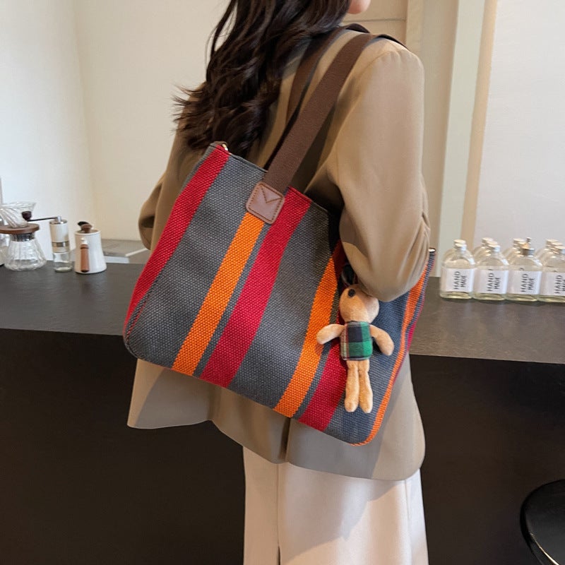 Large Women'S Bag 2026 New Fashion Striped Canvas Bag Commuter Tote Bag Trendy Shoulder Crossbody Mommy Bag - Image 3