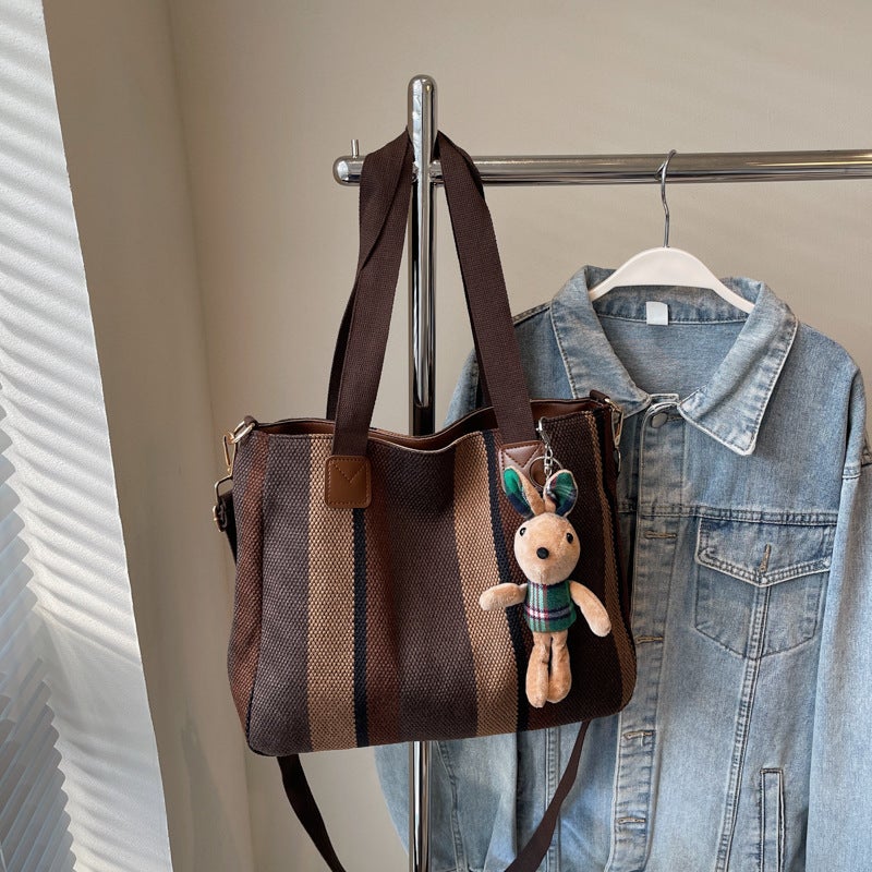 Large Women'S Bag 2026 New Fashion Striped Canvas Bag Commuter Tote Bag Trendy Shoulder Crossbody Mommy Bag - Image 1