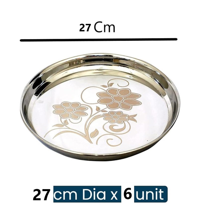 KC Stainless Steel Dinner Plate | Thali | Khumcha Plate with Laser Design Set of 6 Plates (Diamm. 27 Cms) (Set of 6 Thali) - Image 4