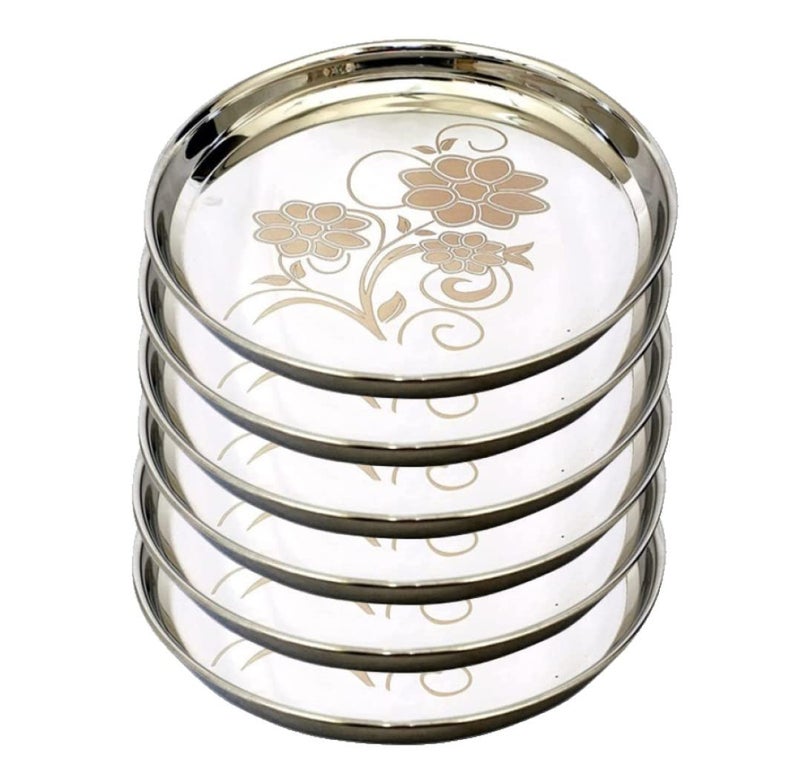 KC Stainless Steel Dinner Plate | Thali | Khumcha Plate with Laser Design Set of 6 Plates (Diamm. 27 Cms) (Set of 6 Thali) - Image 5
