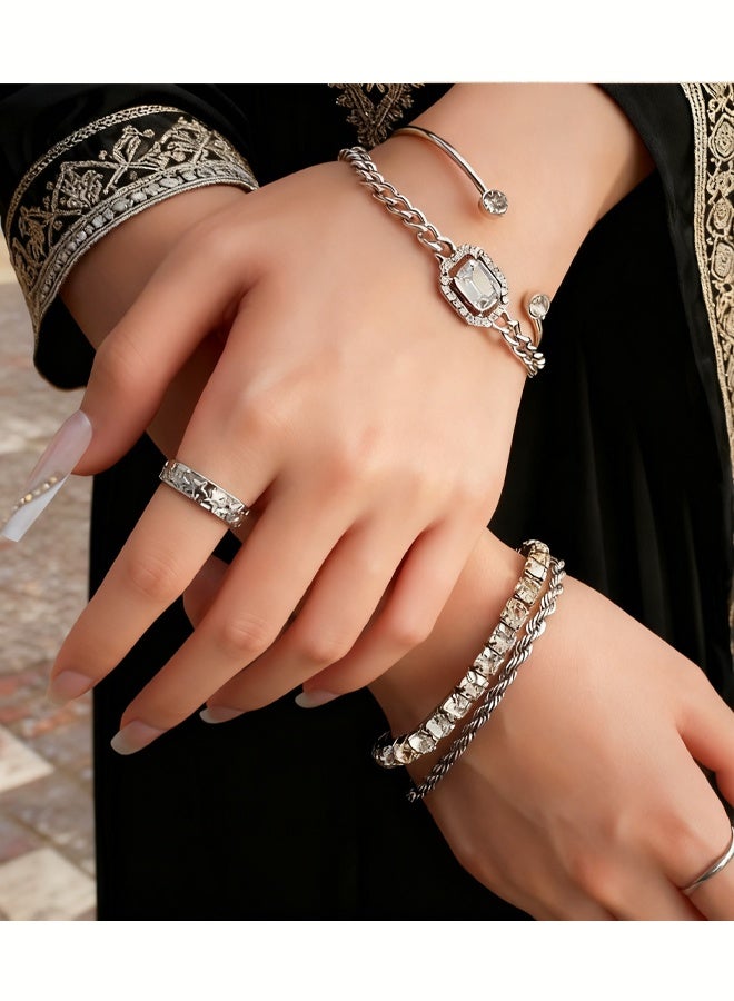 Set of 4 Bracelets for Women Trendy Zinc Alloy and Cubic Zirconia Stackable Dainty Cuff Bracelet Adjustable Charm Rhinestone Cuban Link Chain Tarnish Free Silver Jewelry Sets Fashion Accessories Gifts Daily Use Party Holiday - Image 3