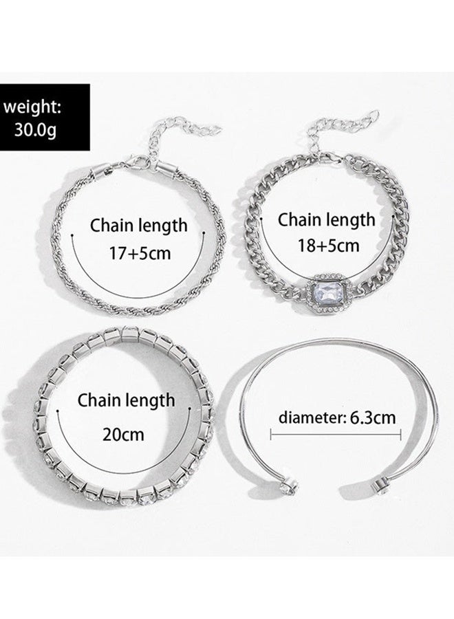 Set of 4 Bracelets for Women Trendy Zinc Alloy and Cubic Zirconia Stackable Dainty Cuff Bracelet Adjustable Charm Rhinestone Cuban Link Chain Tarnish Free Silver Jewelry Sets Fashion Accessories Gifts Daily Use Party Holiday - Image 4