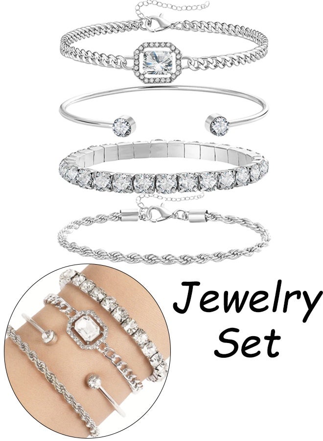 Set of 4 Bracelets for Women Trendy Zinc Alloy and Cubic Zirconia Stackable Dainty Cuff Bracelet Adjustable Charm Rhinestone Cuban Link Chain Tarnish Free Silver Jewelry Sets Fashion Accessories Gifts Daily Use Party Holiday - Image 1
