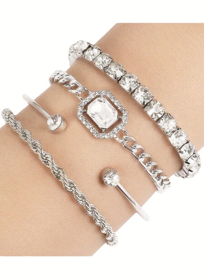 Set of 4 Bracelets for Women Trendy Zinc Alloy and Cubic Zirconia Stackable Dainty Cuff Bracelet Adjustable Charm Rhinestone Cuban Link Chain Tarnish Free Silver Jewelry Sets Fashion Accessories Gifts Daily Use Party Holiday - Image 2
