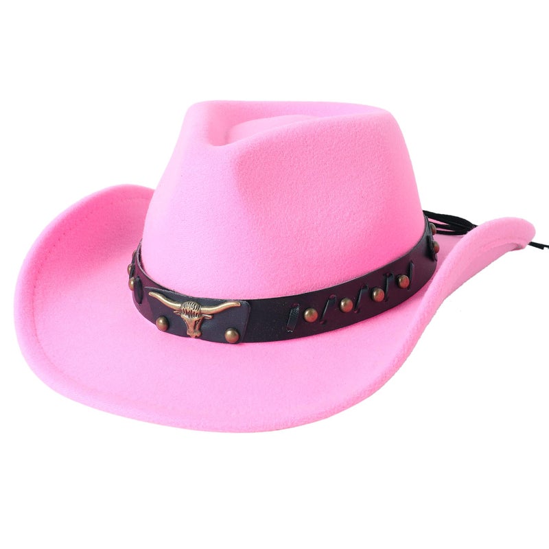 Jastore Western Cowboy Hat for Kids Boy Girl Classic Cowboy Cowgirl Dress Up Hat with Buckle Belt(Pink, 5-12 Years) - Image 1