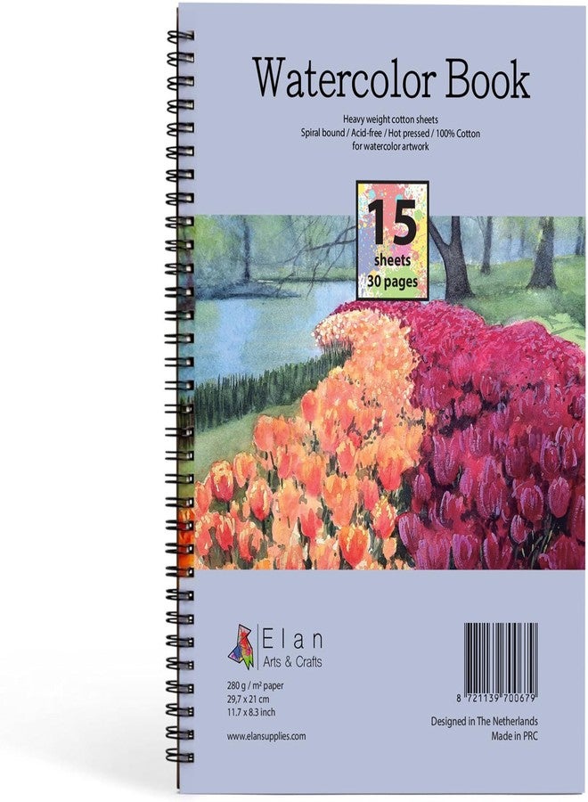 Elan كتاب ألوان مائي A4، ورق مائي إيطالي 100% قطن، 15 ورقة 300gsm، دفتر رسم مائي A4، ورق قطن للرسم 11.7x8.3 بوصة، ورق قماش للطلاء الأكريليكي، دفتر ورق للطلاء - Image 1