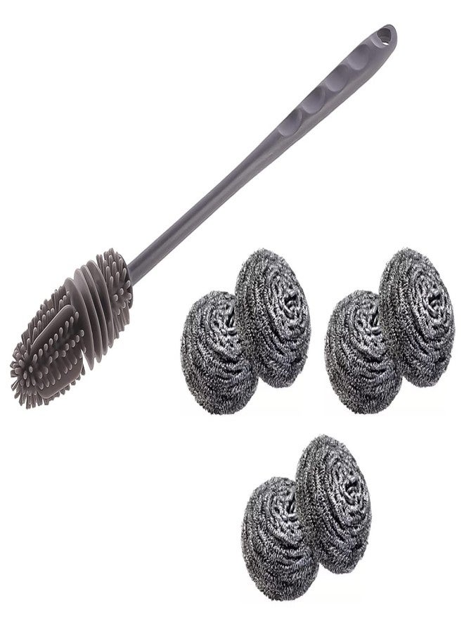 DOMUM Silicone Bottle Brush & 6pcs Steel Scrub for Cleaning Bottle, Glass & Utensils - Combo Pack. - Image 1