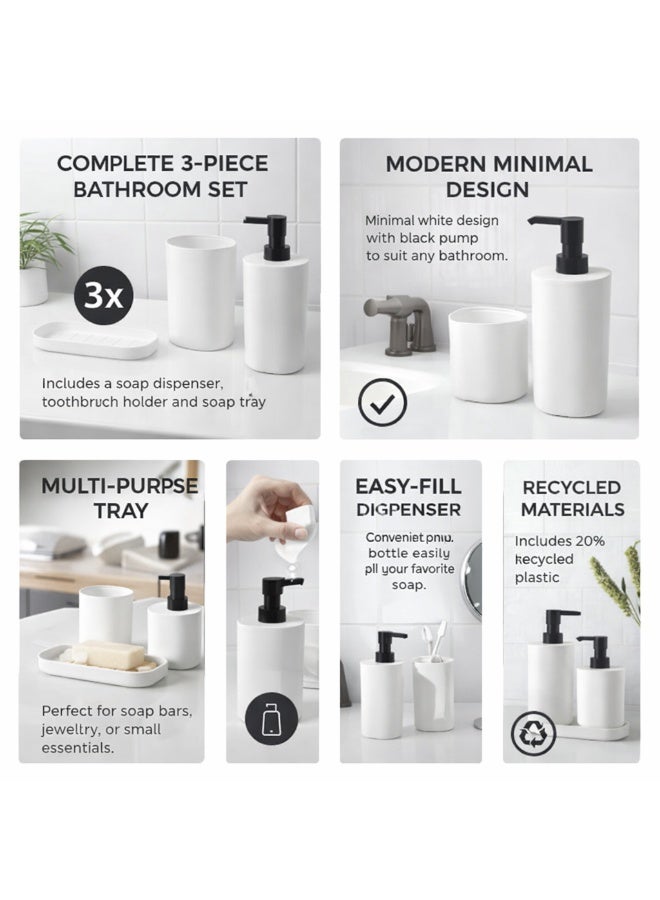 Selecto Hub 3-Piece Bathroom Accessories Set White – Soap Dispenser, Toothbrush Holder & Tray – Modern Plastic Bathroom Organizer - Image 1