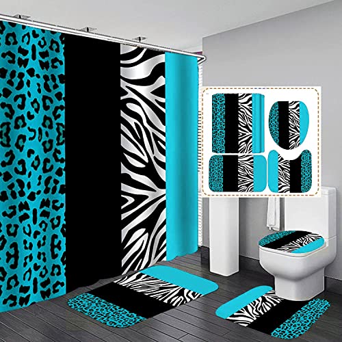 jieprom 4PCS Leopard Print Shower Curtain Set with Rug Toilet Lid Cover and Bath Mat Teal Black Splice Shower Curtain with 12 Hooks Complete Bathroom Accessories Decor Set - Image 1
