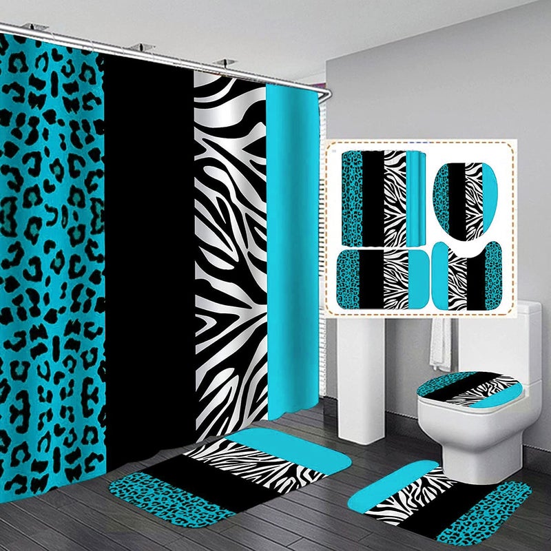 jieprom 4PCS Leopard Print Shower Curtain Set with Rug Toilet Lid Cover and Bath Mat Teal Black Splice Shower Curtain with 12 Hooks Complete Bathroom Accessories Decor Set - Image 2