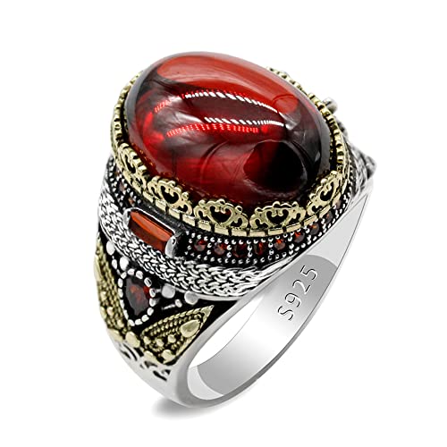 LovePlus Solid Silver Men Rings Red Garnet Stone Men's Ring Handmade Turkish Vintage Ring Luxury Jewelry Bands (12) - Image 1
