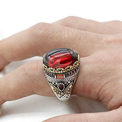 LovePlus Solid Silver Men Rings Red Garnet Stone Men's Ring Handmade Turkish Vintage Ring Luxury Jewelry Bands (12) - Image 5
