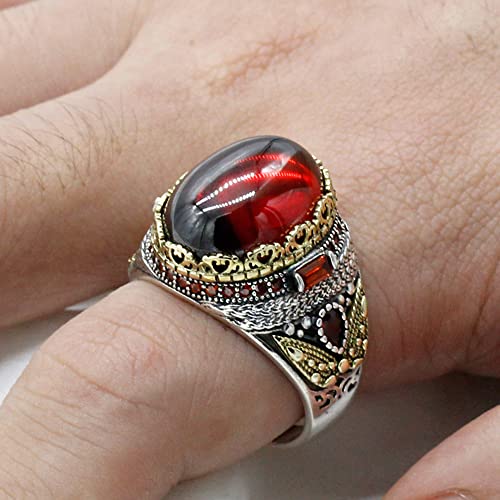 LovePlus Solid Silver Men Rings Red Garnet Stone Men's Ring Handmade Turkish Vintage Ring Luxury Jewelry Bands (12) - Image 4