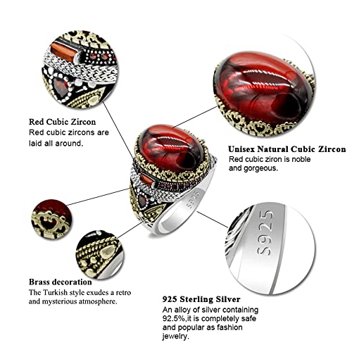 LovePlus Solid Silver Men Rings Red Garnet Stone Men's Ring Handmade Turkish Vintage Ring Luxury Jewelry Bands (12) - Image 2