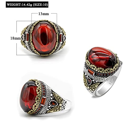 LovePlus Solid Silver Men Rings Red Garnet Stone Men's Ring Handmade Turkish Vintage Ring Luxury Jewelry Bands (12) - Image 3