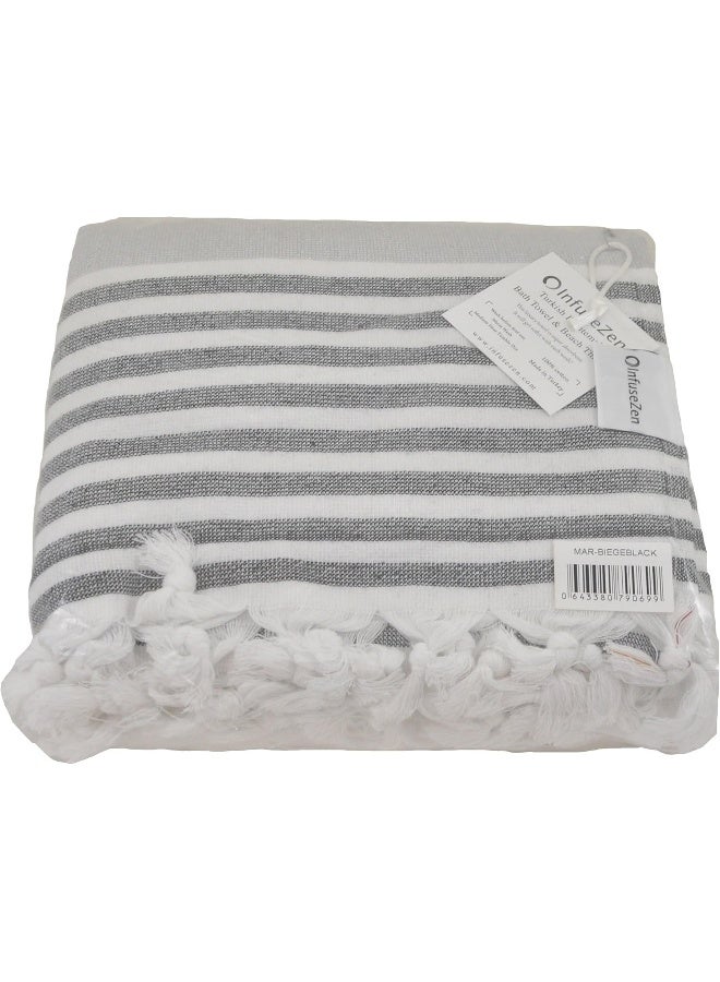 InfuseZen Terry Cloth Lined Turkish Bath Beach Towel Striped Design 100 Organic Turkish Cotton Soft Lightweight Absorbent Peshtemal Quick Dry for Beach Bath Throw Travel BeigeBlack - Image 2