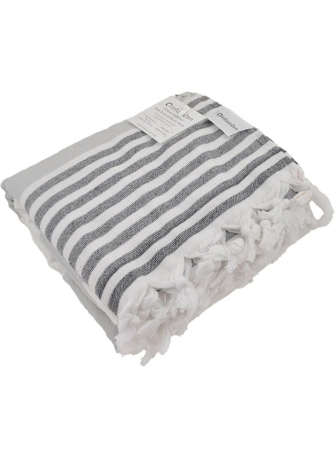InfuseZen Terry Cloth Lined Turkish Bath Beach Towel Striped Design 100 Organic Turkish Cotton Soft Lightweight Absorbent Peshtemal Quick Dry for Beach Bath Throw Travel BeigeBlack - Image 4