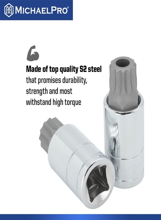 MichaelPro مجموعة مقابس مربعة ثلاثية XZN من MichaelPro، مكونة من 14 قطعة بمقاس 1/4 بوصة، 3/8 بوصة، 1/2 بوصة مع رؤوس 4 مم - 18 مم، ومجموعة مقابس ذات 12 نقطة مع محولات مقابس ومشابك فولاذية ومنظم سكة المقبس - Image 4