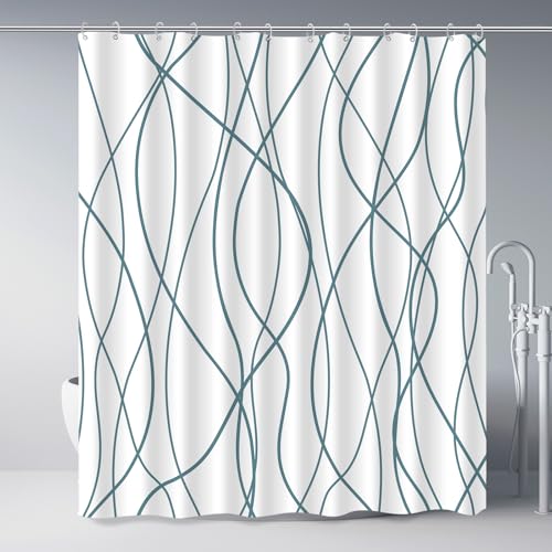 Punkray Lake Blue Shower Curtain for Bathroom with Hooks, Extra Long Shower Curtain Set Stripe Shower Curtains, Weighted Hem Water Repellent Washable, 72 x 72 - Image 1