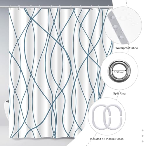 Punkray Lake Blue Shower Curtain for Bathroom with Hooks, Extra Long Shower Curtain Set Stripe Shower Curtains, Weighted Hem Water Repellent Washable, 72 x 72 - Image 5