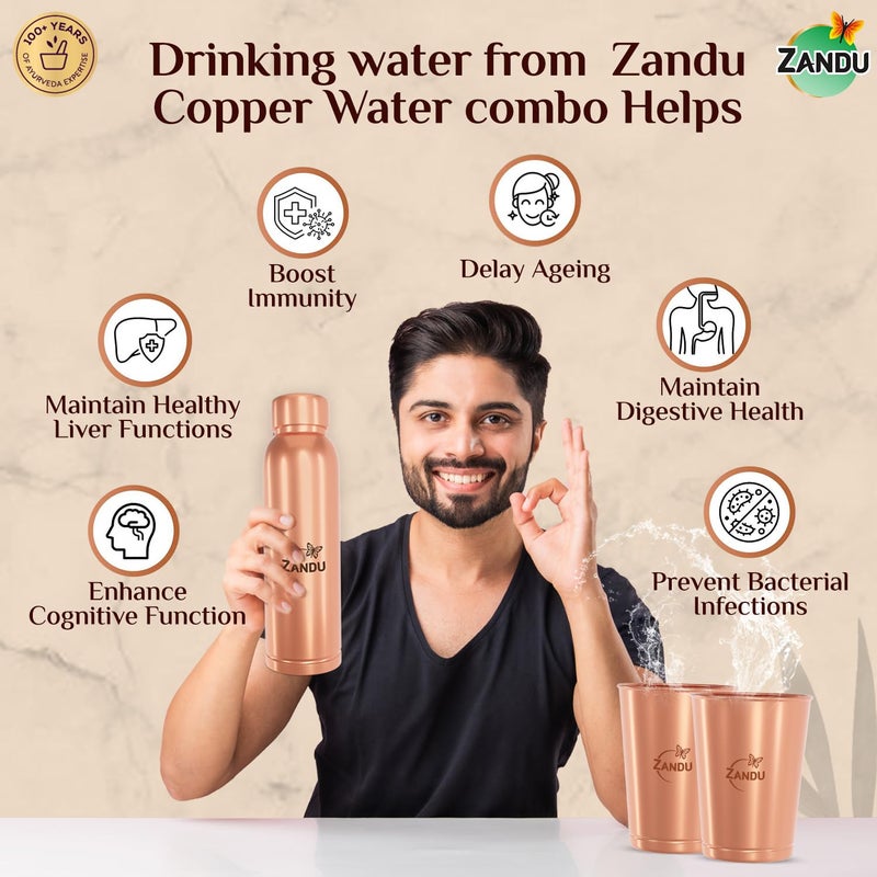 Zandu طقم هدايا زاندو من النحاس (1 زجاجة و 2 كوب): مصنوع من 100% نحاس نقي | يدعم صحة الجهاز الهضمي والكبد | يساعد في تعزيز المناعة | مفيد في تعزيز الصحة العامة (عبوة 950 مل و 2x300 مل) - Image 3