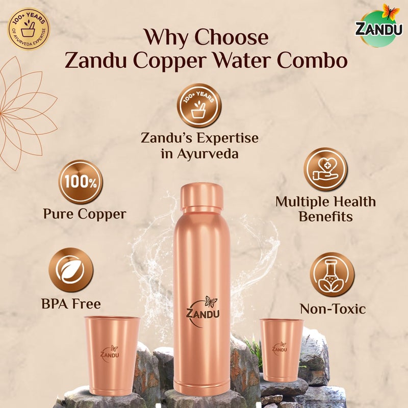 Zandu طقم هدايا زاندو من النحاس (1 زجاجة و 2 كوب): مصنوع من 100% نحاس نقي | يدعم صحة الجهاز الهضمي والكبد | يساعد في تعزيز المناعة | مفيد في تعزيز الصحة العامة (عبوة 950 مل و 2x300 مل) - Image 4